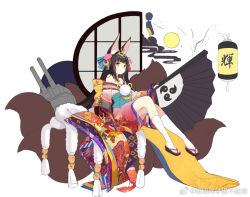 Rule 34 | 1girl, alisa (kuro no sakura), animal ears, azur lane, bare shoulders, black hair, commentary request, crescent, crescent hair ornament, folding fan, fox ears, fox tail, hair ornament, hand fan, holding, japanese clothes, kimono, kneehighs, long hair, looking at viewer, machinery, multiple tails, nagato (azur lane), nagato (guardian fox&#039;s shining furisode) (azur lane), off shoulder, official alternate costume, official art, simple background, sitting, socks, solo, tail, tiara, translation request, turret, weibo logo, weibo watermark, white background, white socks, yellow eyes