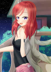 Rule 34 | 1girl, absurdres, artist name, artist request, black shirt, blush, breasts, cleavage, collarbone, female focus, grey jacket, hair between eyes, twirling hair, highres, jacket, looking at viewer, love live!, love live! school idol project, night, night sky, nishikino maki, open clothes, open jacket, outdoors, pants, pink pants, pink shorts, playing with own hair, purple eyes, red hair, shirt, short hair, shorts, sky, small breasts, solo, star (sky), tree, tyamiy