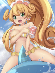 Rule 34 | 1girl, bikini, blush, breasts, covering breasts, covering privates, curly hair, earrings, embarrassed, flower earrings, frilled bikini, frills, green eyes, high ponytail, highres, inflatable dolphin, inflatable toy, jewelry, kai (nyanko daisensou), large breasts, nyanko daisensou, ocean, open mouth, orange hair, outdoors, solo, striped bikini, striped clothes, swimsuit, twin-7646, vertical-striped bikini, vertical-striped clothes, wardrobe malfunction, water, yellow bikini