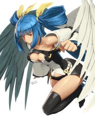 Rule 34 | 1girl, asymmetrical wings, black thighhighs, blue hair, breasts, dizzy (guilty gear), guilty gear, guilty gear xrd, hair ribbon, highres, looking at viewer, red eyes, ribbon, signature, simple background, solo, tail, tail ornament, tail ribbon, thighhighs, underboob, white background, wings, zaki (narashigeo)