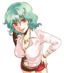 Rule 34 | 1girl, :p, alternate costume, bad id, bad pixiv id, bangle, belt, bracelet, breasts, charin, cleavage, dress shirt, face, female focus, flower, green hair, hands on own hips, jewelry, kazami yuuka, large breasts, leaf, looking at viewer, necklace, red eyes, rose, shirt, short hair, short shorts, shorts, simple background, solo, tongue, tongue out, touhou, white background