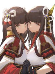 Rule 34 | 2girls, black gloves, blunt bangs, bow, breast press, breasts, brown hair, commentary, eyeshadow, from side, gloves, hair behind ear, hair bow, highres, hinoa, holding hands, japanese clothes, long hair, looking at viewer, makeup, medium breasts, minoto, monster hunter (series), monster hunter rise, multiple girls, nekojira, pointy ears, red eyeshadow, siblings, sisters, smile, smug, symbol-only commentary, symmetrical docking, twins, white background, yellow eyes