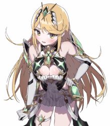 Rule 34 | 1girl, blonde hair, blush, breasts, cleavage, dress, elbow gloves, epi zero, gloves, long hair, medium breasts, mythra (xenoblade), nintendo, open mouth, simple background, solo, very long hair, white background, white dress, xenoblade chronicles (series), xenoblade chronicles 2, xenoblade chronicles (series), xenoblade chronicles 2, yellow eyes