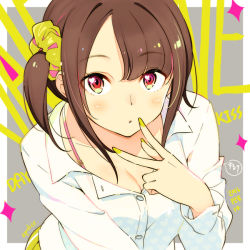 Rule 34 | 10s, 1girl, 2016, artist name, blush, bra strap, breasts, brown hair, chestnut mouth, cleavage, collared shirt, dated, dress shirt, eyebrows, female focus, hair ornament, hair scrunchie, heart, heart in eye, leaning forward, long sleeves, looking at viewer, medium breasts, nail polish, original, parted lips, red eyes, scrunchie, shirt, short hair, side ponytail, solo, sparkle, symbol in eye, valentine, white shirt, wing collar, yellow nails, zpolice