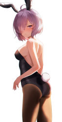 Rule 34 | 1girl, absurdres, ahoge, alternate costume, animal ears, bare back, bare shoulders, black leotard, black pantyhose, fake animal ears, fate/grand order, fate (series), from side, gadeung hye, hair over one eye, highres, leotard, looking at viewer, mash kyrielight, pantyhose, playboy bunny, purple eyes, purple hair, rabbit ears, rabbit tail, short hair, simple background, solo, tail, white background