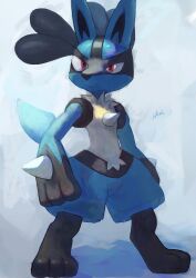Rule 34 | 1boy, animal ears, animal feet, arms at sides, artist name, black fur, blue background, blue fur, blue theme, body fur, closed mouth, creatures (company), feet, full body, furry, furry male, game freak, gen 4 pokemon, highres, ikei, legs apart, looking at viewer, lucario, male focus, multicolored fur, nintendo, pokemon, pokemon (creature), red eyes, signature, simple background, snout, solo, spikes, split mouth, standing, tail, thick thighs, thighs, wolf boy, wolf ears, wolf tail, yellow fur