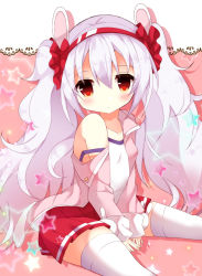 Rule 34 | 1girl, :o, animal ears, azur lane, between legs, blush, camisole, collarbone, commentary request, fuuna thise, hair between eyes, hair ornament, hairband, hand between legs, jacket, laffey (azur lane), long hair, long sleeves, looking at viewer, off shoulder, open clothes, open jacket, parted lips, pink jacket, pleated skirt, rabbit ears, red eyes, red hairband, red skirt, silver hair, sitting, skirt, sleeves past wrists, solo, star (symbol), strap slip, thighhighs, twintails, very long hair, white camisole, white thighhighs