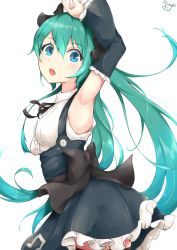 Rule 34 | 1girl, arm up, armpits, black ribbon, blue eyes, blue hair, blush, detached sleeves, dress, hand on own head, hatsune miku, highres, long hair, looking at viewer, matching hair/eyes, open mouth, project diva, project diva (series), ribbon, simple background, solo, takumin (takumi415), twintails, vocaloid, white background