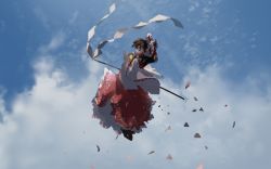 Rule 34 | 1girl, brown hair, cloud, cloudy sky, floating, from side, gohei, hakurei reimu, japanese clothes, looking ahead, miko, red eyes, red ribbon, ribbon, skirt, sky, solo, stick, touhou, ushitsuchi