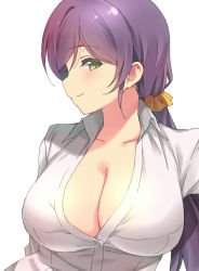 Rule 34 | 1girl, breasts, cleavage, closed mouth, collared shirt, dress shirt, duke (inu daimyou), green eyes, hair ornament, hair scrunchie, large breasts, long hair, looking at viewer, looking to the side, love live!, love live! school idol project, low-tied long hair, low twintails, purple hair, scrunchie, shirt, smile, swept bangs, tojo nozomi, twintails, white shirt