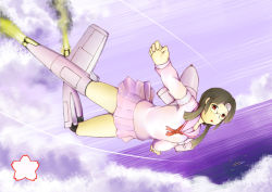 Rule 34 | 1girl, aircraft, aircraft carrier, airplane, brown hair, cherry blossoms, cloud, dead people, emblem, flying, glasses, glider, hachimaki, headband, long hair, mecha musume, military, military vehicle, ocean, ohka (weapon), open mouth, original, personification, red eyes, rocket, school uniform, ship, skirt, solo, warship, watercraft, world war ii