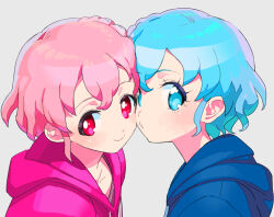 Rule 34 | 1boy, 1girl, blue eyes, blue hair, blue hoodie, blush, brother and sister, cheek-to-cheek, closed mouth, commentary request, dorothy west, grey background, hair between eyes, heads together, hood, hood down, hoodie, looking at viewer, mole, mole under eye, moudoku (decopon3rd), pink eyes, pink hair, pink hoodie, pretty series, pripara, reona west, short hair, siblings, simple background, smile, trap, twins, upper body