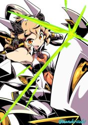 Rule 34 | 1girl, armor, attack, commentary, covered navel, diffraction spikes, foreshortening, frown, gauntlets, greaves, head tilt, light brown hair, looking at viewer, mutsuki riichi, open mouth, orange eyes, orange shirt, senki zesshou symphogear, shirt, short hair, simple background, sleeveless, sleeveless shirt, solo, tachibana hibiki (symphogear), twitter username, v-shaped eyebrows, white background