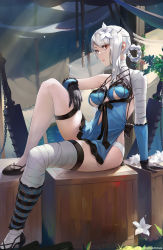 Rule 34 | 1girl, bandaged leg, bandages, black footwear, black gloves, box, braid, breasts, brown eyes, commentary, day, flower, gloves, hair flower, hair ornament, highres, kaine (nier), braided hair rings, medium breasts, nier (series), on box, outdoors, revealing clothes, shoes, single bare shoulder, sitting, solo, thigh strap, unsomnus, weapon, white hair, wooden box
