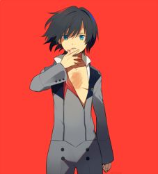 Rule 34 | 10s, 1boy, black hair, blood, blood from mouth, blue eyes, darling in the franxx, hand on own chin, hiro (darling in the franxx), long sleeves, male focus, military, military uniform, necktie, o0str0o, open clothes, red necktie, short hair, solo, uniform