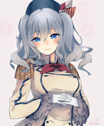 Rule 34 | 10s, 1girl, artist name, beret, blue eyes, blush, buttons, closed mouth, collared shirt, dated, double-breasted, epaulettes, eyebrows, frilled sleeves, frills, gloves, grey hair, grey shirt, hair between eyes, hat, heart, interlocked fingers, kantai collection, kashima (kancolle), long hair, long sleeves, looking at viewer, military, military uniform, shimako (mehr), shirt, solo, twintails, uniform, upper body, wavy hair, white gloves
