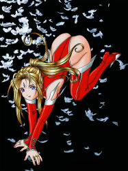 Rule 34 | aa megami-sama, antenna hair, ass, bare shoulders, belldandy, boots, breasts, brown hair, cleavage, corruption, dark persona, detached sleeves, earrings, facial mark, feathers, forehead mark, jewelry, latex, leotard, makunouchi, medium breasts, ponytail, ring, smile, thigh boots, thighhighs, top-down bottom-up