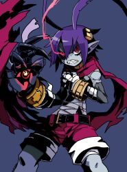 Rule 34 | 1boy, bandaged arm, bandaged chest, bandages, belt, blue eyes, bracelet, carpatiodevil, colored skin, demon boy, disgaea, disgaea rpg, grey skin, hair between eyes, hand on own chest, highres, jewelry, laharl, male focus, pointy ears, red eyes, red scarf, red shorts, scarf, sharp teeth, shorts, simple background, stitches, teeth, zombie