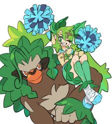 Rule 34 | 1girl, creatures (company), fortissimo, game freak, gen 8 pokemon, grass miku (project voltage), green eyes, green hair, green socks, grin, hair ornament, hatsune miku, holding, holding pom poms, kneehighs, long hair, musical note, musical note hair ornament, nintendo, oe (yamifuti), one eye closed, pokemon, pokemon (creature), pom pom (cheerleading), pom poms, project voltage, rillaboom, shirt, shoes, short sleeves, sidelocks, simple background, skirt, smile, socks, twintails, very long hair, vocaloid, white background, white footwear, x hair ornament