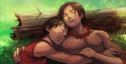 Rule 34 | 2boys, black hair, brother, brothers, drooling, freckles, gem, grass, hug, jewelry, log, magatsumagic, male focus, monkey d. luffy, multiple boys, muscular, necklace, no headwear, no headwear, one piece, outdoors, pearl (gemstone), portgas d. ace, siblings, sleeping, tattoo, topless male, vest
