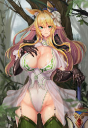 Rule 34 | 1girl, animal ears, areola slip, armor, bad id, bad pixiv id, bikini armor, blonde hair, blush, breasts, cleavage, cleavage cutout, clothing cutout, cowboy shot, curvy, dungeon and fighter, elf, elven knight (dungeon and fighter), etidekailo, female focus, flower, forest, fox ears, garter straps, gauntlets, green eyes, green thighhighs, hair ornament, highleg, highleg leotard, impossible clothes, impossible leotard, knight (dungeon and fighter), large breasts, leotard, long hair, long pointy ears, looking at viewer, nature, nipple slip, nipples, outdoors, pauldrons, pointy ears, shoulder armor, smile, solo, standing, sword, thighhighs, tree, weapon, wide hips, wood