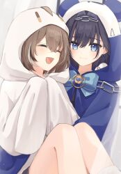 Rule 34 | 2girls, :d, blanket, blue eyes, blue hair, blue ribbon, boomei (nanashi mumei), bow, bow earrings, braid, braided bangs, brown hair, chain headband, closed eyes, earrings, ghost costume, hair intakes, heart-shaped gem, highres, hololive, hololive english, jewelry, kronie (ouro kronii), multicolored hair, multiple girls, nanashi mumei, nroc, official alternate hairstyle, open mouth, ouro kronii, ribbon, short hair, sitting, sitting on lap, sitting on person, smile, streaked hair, virtual youtuber, yuri