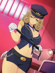 Rule 34 | 1girl, absurdres, bare shoulders, baton (weapon), between breasts, blue shirt, blue skirt, breast press, breasts, chair, cleavage, covered erect nipples, cowboy shot, crop top, cuffs, dutch angle, gloves, half-closed eyes, handcuffs, haruka (senran kagura), hat, highres, lamp, large breasts, looking at viewer, midriff, miniskirt, navel, necktie, official art, partially unbuttoned, peaked cap, pencil skirt, police, police hat, police uniform, policewoman, seductive smile, senran kagura, shirt, short hair, side slit, skindentation, skirt, sleeveless, sleeveless shirt, smile, solo, source request, standing, table, tongue, tongue out, uniform, weapon, white gloves, yaegashi nan