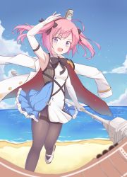 Rule 34 | 1girl, :d, ahoge, armpits, azur lane, beach, blue sky, blurry, clothes on shoulders, commentary request, day, depth of field, elbow gloves, flagpole, gloves, hairband, highres, holding, horizon, long hair, looking at viewer, machinery, military, military uniform, momizi lin, naval uniform, ocean, open mouth, pantyhose, pink hair, purple eyes, saratoga (azur lane), sky, smile, solo, twintails, uniform, white gloves
