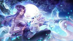 Rule 34 | 1girl, absurdres, branch, bug, butterfly, circle, deer, dress, flower, highres, horns, insect, jintian zhi xiang tang ping liao, lightning, long hair, looking down, purple dress, purple eyes, purple hair, qinshi mingyue, second-party source, sitting, smile, solo, thighhighs, water, zi nu (qin shi ming yue)