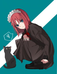 Rule 34 | 1girl, absurdres, alternate costume, black cat, black dress, black footwear, blue eyes, blush, cat, dress, expressionless, highres, hisui (tsukihime), loafers, looking at viewer, maid headdress, pikaremon, red ribbon, ribbon, shoes, solo, squatting, squiggle, tsukihime