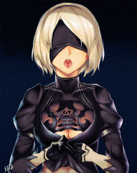 Rule 34 | 1girl, artist name, bad id, bad pixiv id, black background, black dress, blindfold, breasts, cleavage, dress, large breasts, mole, mole under mouth, nier (series), nier:automata, open mouth, oral invitation, short hair, simple background, solo, tongue, upper body, viola (seed), white hair, 2b (nier:automata)