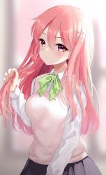 Rule 34 | 1girl, absurdres, blurry, blurry background, blush, bow, bowtie, breasts, cowboy shot, green bow, green bowtie, hair between eyes, hair ornament, hairclip, hand up, highres, holding, holding hair, koi kakeru shin-ai kanojo, large breasts, long hair, long sleeves, looking at viewer, ncontrail (mgax7527), pink hair, pleated skirt, red eyes, school uniform, shindou ayane, shirt, skirt, sleeveless, sleeveless sweater, solo, sweater, white shirt