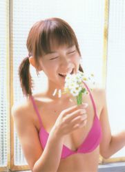 Rule 34 | 1girl, asian, bikini, bikini top only, bouquet, flower, ichikawa yui, indoors, photo (medium), pink bikini, solo, swimsuit, tagme, twintails, window