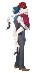 Rule 34 | 1boy, 1girl, barefoot, blue eyes, blue hair, blue scarf, brown eyes, brown hair, couple, hetero, holding, holding shoes, ikura umee, kaito (vocaloid), meiko (vocaloid), nail polish, red nails, scarf, shoes, shorts, simple background, single shoe, vocaloid