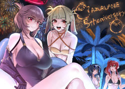 Rule 34 | 4girls, akagi kurage, alternate costume, anniversary, azur lane, bare shoulders, bikini, black bikini, black one-piece swimsuit, blue hair, blush, breast tattoo, breasts, cleavage, closed mouth, collarbone, commentary, competition swimsuit, copyright name, crossed legs, cup, drill hair, drill sidelocks, duca degli abruzzi (azur lane), duca degli abruzzi (lustrous onyx sirenetta) (azur lane), eyewear on head, feet out of frame, fireworks, giuseppe garibaldi (azur lane), green hair, halo, holding, holding cup, large breasts, leaning forward, light green hair, long hair, looking at another, looking at viewer, medium breasts, medium hair, multicolored hair, multiple girls, one-piece swimsuit, open mouth, orange eyes, palm tree, pola (azur lane), pola (seaside coincidence) (azur lane), prosthesis, prosthetic arm, purple hair, purple one-piece swimsuit, red eyes, red hair, red halo, short twintails, side ponytail, sidelocks, sitting, smile, standing, streaked hair, sunglasses, swimsuit, tattoo, teeth, tree, twintails, underboob, upper body, upper teeth only, yellow bikini, zara (azur lane), zara (poolside coincidence) (azur lane)
