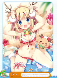 Rule 34 | 1girl, :d, animal ears, ankle cuffs, antlers, armpits, arms up, barefoot, beach, bell, bikini, blonde hair, blue eyes, blush, bow, box, breasts, bridal garter, brown hairband, christmas, cleavage, collarbone, deer ears, fake animal ears, fake antlers, feet, flower, front-tie bikini top, front-tie top, gift, gift box, hairband, hibiscus, highres, horns, lifebuoy, long hair, looking at viewer, looking up, medium breasts, navel, open mouth, original, pan (mimi), red bikini, red flower, reindeer antlers, shiny skin, side-tie bikini bottom, sitting, smile, solo, star (symbol), striped bikini, striped clothes, swim ring, swimsuit, toes, untied bikini, wariza, wet, wrist cuffs