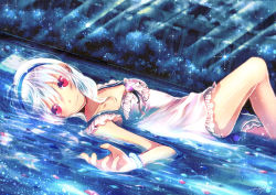 Rule 34 | 1girl, bad id, bad pixiv id, bracelet, caustics, dress, dutch angle, hairband, jewelry, leg up, looking at viewer, lying, on back, original, partially submerged, red eyes, sazanami shione, short hair, signature, smile, solo, sparkle, water, white hair
