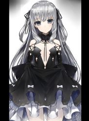 Rule 34 | 1girl, artist name, black dress, black gloves, breasts, closed mouth, clothes lift, cowboy shot, dress, dress lift, elbow gloves, expressionless, fur collar, gloves, grey eyes, highres, kou mashiro, letterboxed, lifting own clothes, long hair, looking at viewer, original, signature, silver hair, small breasts, solo, standing, two side up, very long hair