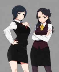 Rule 34 | 2girls, agemono, belted, belted dress, black eyes, black hair, clasped dress, crossed arms, dress, frown, hand on own hip, hand on own chest, lips, long hair, mole, multiple girls, necktie, office lady, original, pantyhose, pencil skirt, short hair, skirt, tight dress, vest