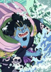 Rule 34 | 1boy, black eyes, black hair, blue skin, chest tattoo, colored skin, commentary, commentary request, curly eyebrows, english commentary, facial hair, fish boy, goatee, high ponytail, highres, jinbe (one piece), long hair, male focus, mixed-language commentary, oda eiichirou, official art, one piece, open mouth, ponytail, scar, scar across eye, scar on face, sharp teeth, solo, tattoo, teeth, tusks, water, webbed hands