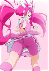 Rule 34 | 1girl, border, choker, cure happy, earrings, from behind, from below, fuchi (nightmare), highres, hoshizora miyuki, jewelry, kneepits, long hair, looking at viewer, looking back, magical girl, open mouth, outside border, pink background, pink choker, pink eyes, pink hair, pink shirt, pink shorts, pink skirt, pleated skirt, precure, shirt, shorts, shorts under skirt, skirt, smile, smile precure!, solo, tiara, white border, wrist cuffs