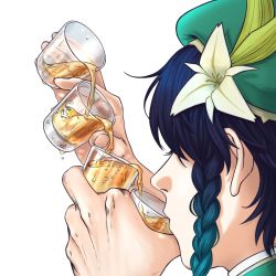 Rule 34 | 1boy, alcohol, beret, black hair, blue hair, braid, commentary request, cup, drinking, drinking glass, flower, from behind, genshin impact, gradient hair, green hat, gs a eliha, hair flower, hair ornament, hat, holding, holding cup, korean commentary, leaf, male focus, multicolored hair, open mouth, short hair with long locks, shot glass, simple background, solo, twin braids, venti (genshin impact), white background, white flower
