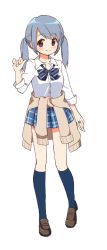 Rule 34 | 1girl, arm at side, blue bow, blue bowtie, blue hair, blue skirt, blue socks, blush, bow, bowtie, brown footwear, brown sweater, buttons, clothes around waist, collared shirt, diagonal-striped bow, diagonal-striped bowtie, diagonal-striped clothes, dot nose, full body, hand up, jewelry, kasane ao, kneehighs, loafers, looking at viewer, low twintails, magia record: mahou shoujo madoka magica gaiden, mahou shoujo madoka magica, miniskirt, plaid, plaid skirt, pleated skirt, purple eyes, ring, ruru (rurumagi), shirt, shoes, sidelocks, skirt, sleeves past elbows, sleeves rolled up, smile, socks, solo, split mouth, standing, striped clothes, sweater, sweater around waist, swept bangs, transparent background, twintails, white shirt