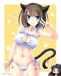 Rule 34 | 10s, 2girls, animal ears, bare arms, bare shoulders, beret, black hair, blue eyes, blush, breasts, brown hair, cat cutout, cat ear panties, cat ears, cat lingerie, cat tail, choukai (kancolle), cleavage, cleavage cutout, clothing cutout, glasses, gloves, gluteal fold, hair ornament, hat, kantai collection, large breasts, long hair, looking at viewer, maya (kancolle), meme attire, midriff, multiple girls, navel, panties, red eyes, remodel (kantai collection), short hair, smile, tail, tamagawa yukimaru, thick thighs, thigh gap, thighs, twitter username, underwear, v, x hair ornament