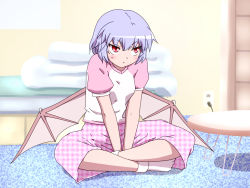 Rule 34 | 1girl, blush, contemporary, red eyes, remilia scarlet, shirosato, short hair, sitting, solo, touhou, wings