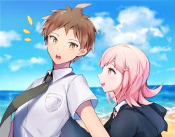 Rule 34 | 1boy, 1girl, :d, :o, ahoge, bad id, bad pixiv id, beach, black jacket, blue sky, brown hair, cloud, commentary request, danganronpa (series), danganronpa 2: goodbye despair, day, flipped hair, from side, green neckwear, hair ornament, hairclip, hinata hajime, jacket, looking at another, nanami chiaki, necktie, ocean, open mouth, outdoors, pink eyes, pink hair, pink neckwear, pushing, shirt, short hair, short sleeves, sky, smile, teeth, upper body, upper teeth only, water, yellow eyes, yuhi (hssh 6)