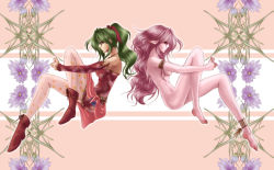 Rule 34 | 1990s (style), 2girls, bad id, bad pixiv id, bare shoulders, chona, chonbo, colored skin, dual persona, psychic, final fantasy, final fantasy vi, flower, green hair, long hair, multiple girls, nude, panties, pantyhose, pink hair, pink skin, pointy ears, ponytail, tina branford, trance terra branford, underwear
