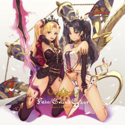 Rule 34 | 2girls, arm around waist, bare shoulders, black hair, blonde hair, breasts, bridal gauntlets, character name, cleavage, cloak, copyright name, detached sleeves, earrings, ereshkigal (fate), fate/grand order, fate (series), glowing, glowing weapon, hoop earrings, ishtar (fate), jewelry, kneeling, kurosawa tetsu, legs apart, leotard, looking at viewer, multiple girls, necklace, open mouth, panties, parted bangs, red eyes, shadow, simple background, single thighhigh, skull necklace, smile, thigh gap, thighhighs, tiara, twintails, underwear, weapon
