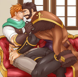 Rule 34 | 2boys, bara, beard, blush, brown hair, couch, couple, facial hair, feet out of frame, forehead-to-forehead, from side, gloves, goatee, gyee, heads together, imminent kiss, leather, leather gloves, leather pants, leg between thighs, male focus, mature male, multiple boys, muscular, muscular male, on couch, orange hair, pants, short hair, sitting, stubble, sunfight0201, turing (gyee), vundo (gyee), yaoi