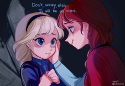 Rule 34 | 2girls, aged down, anna (frozen), bad id, bad pixiv id, blonde hair, blue eyes, child, elsa (frozen), english text, eye contact, frozen (disney), gradient background, hand on own cheek, hand on own face, looking at another, multiple girls, orange hair, seoji, siblings, sisters, tears, time paradox